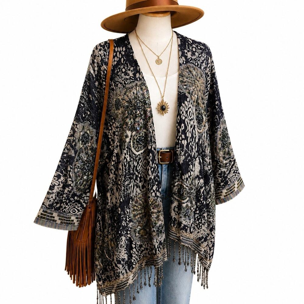 Soft Surroundings Navy, Cream & Olive Floral Open Kimono with Fringe